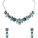 Faship Gorgeous Rectangle Square Rhinestone Crystal Floral Statement Necklace Earrings Set