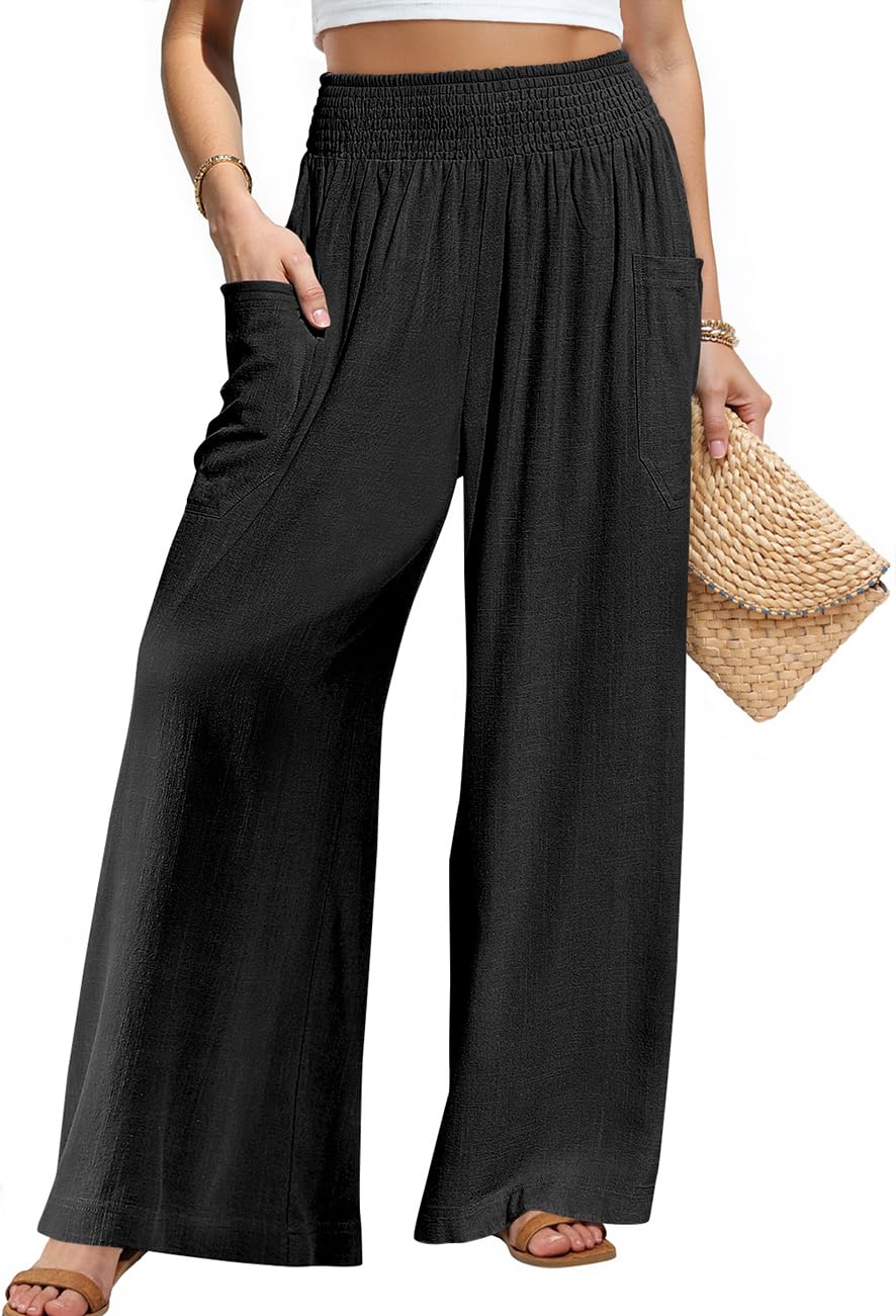 Photo 1 of TARSE Womens Linen Palazzo Pants Summer Boho Wide Leg High Waist Casual Lounge Pant 2025 Beach Travel Vacation Outfits Black