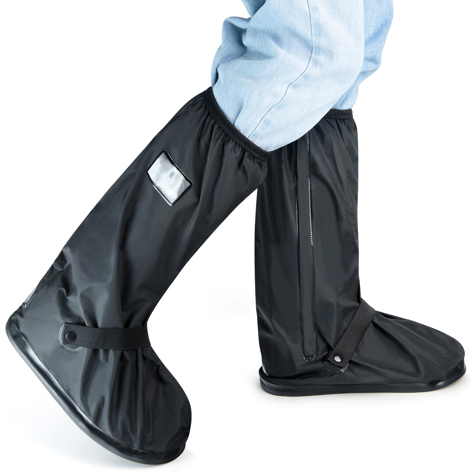 Photo 1 of IwIeIaIrI Waterproof Rain Boot Shoe Cover Non-Slip Waterproof Boot Covers for Snow & Rain, Walking, Hiking & Motorcycle Gear Shoe Cover PVC Material with Safety Reflector Reusable & Foldable Black(M)