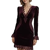 Women’s Velvet Lace Trim Mini Dress Wine Red Vintage Fitted Bodice Elegant Evening Party Holiday Dress