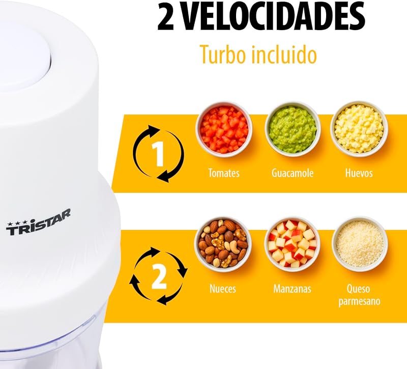 Picadora de Acero Inoxidable, Motor 400W, 2 Velocidades con Turbo, 2 Cuchillas de Acero Inoxidable, Bol 0.5L, Diseño Compacto, Piezas Aptas Lavavajillas, BL-4023