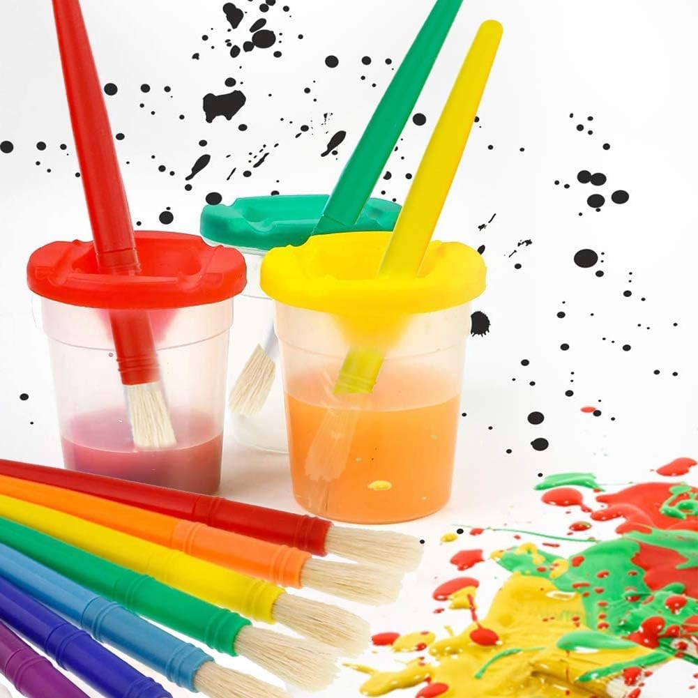 Jatidne Paint Cups with Lids and Paint Brushes for Kids Paint Assortment Childrens Paintbrushes Spill Proof Paint Cups Art Paint Set for Toddlers: Kitchen & Dining
