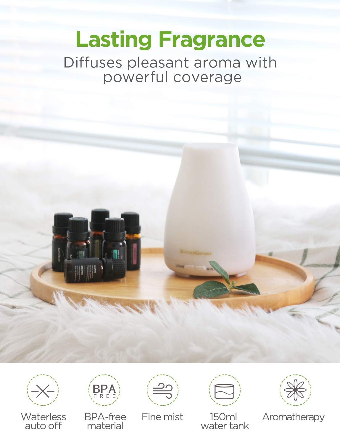 InnoGear Essential Oil Diffuser with Oils, 150ml Aromatherapy Diffuser with 6 Essential Oils Set, Aroma Cool Mist Humidifier Gift Set, White : Beauty