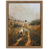 Jesus Leaves the 99 Sheep Canvas Wall Art Christian Wall Decor Picture Jesus and Lamb Painting The Lost Sheep Posters Prints for Living Room Bedroom Church Prayer Home Decor 12x16Inch Wood Framed