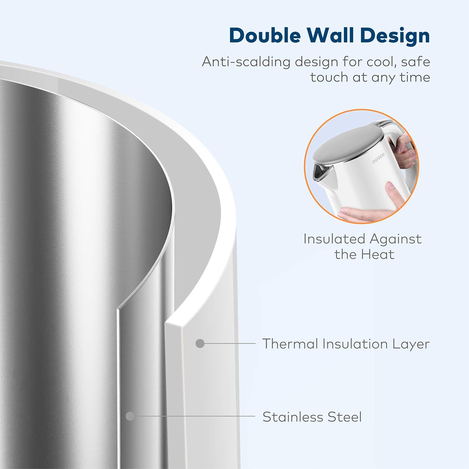Electric Kettle, Miroco Double Wall 100% Stainless Steel Cool Touch Tea Kettle with 1500W Fast Boiling Heater, Cordless with Auto Shut-Off & Boil Dry Protection, BPA-Free, White: Kitchen & Dining