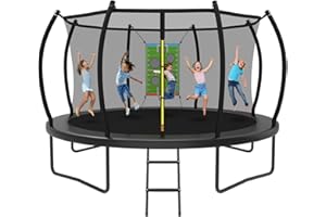 ACWARM HOME 8FT 10FT 12FT 14FT Outdoor Trampoline with Basketball Hoop and LED Lights, ASTM Approved Recreational Trampolines for Kids and Adults with Net and Ladder