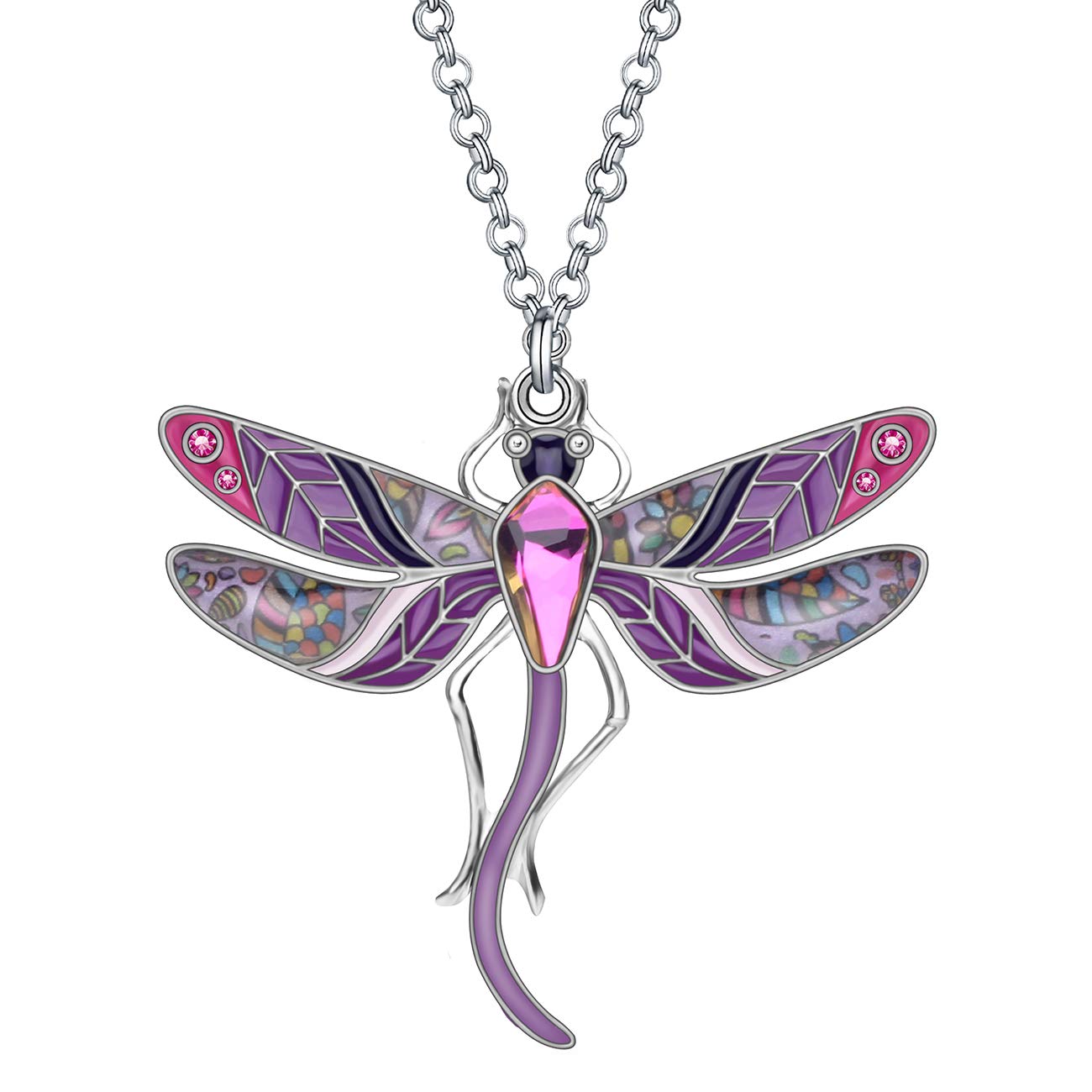 BONSNY Statement Enamel Rhinestone Dragonfly Necklaces Pendant Original Design for Women Nature Lover Jewelry (Violet)