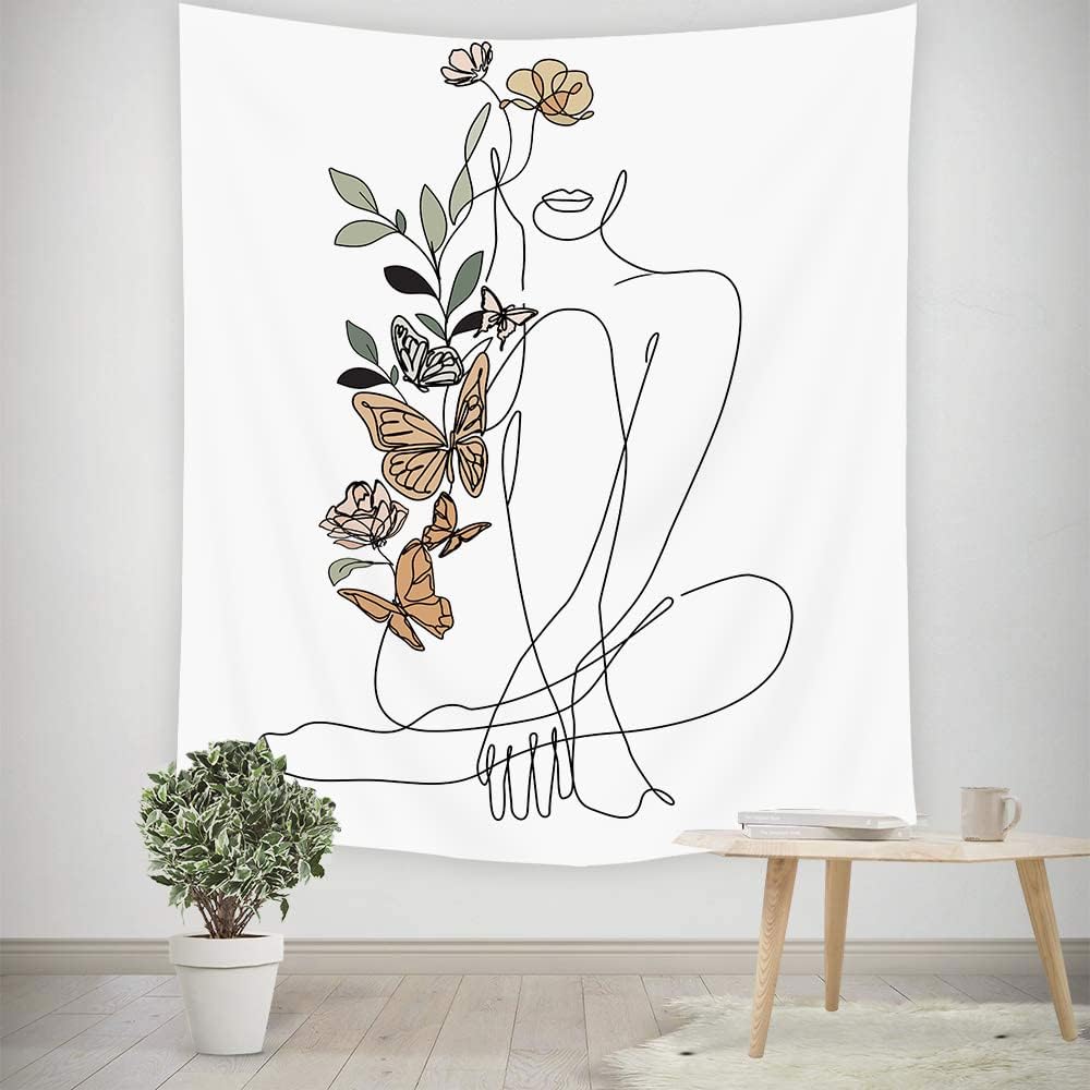 Tapestries - SVBright Abstract Woman Butterfly Tapestry 51Wx59H Simple Minimalist Modern Flower Plant Mid Century Terracotta Aesthetic Portrait Black White Wall Hanging Home Decor Art for Living Room Bedroom Dorm