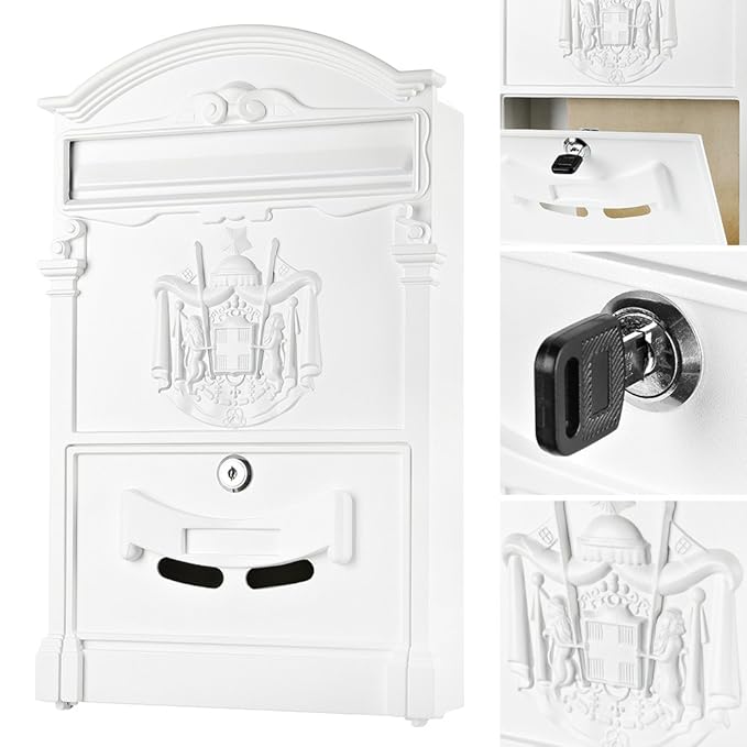 Melko Retro Briefkasten mit A4 Einwurf-Format, Aluguss und Stahl, ca. 25,5 x 8,6 x 41 cm, Weiß