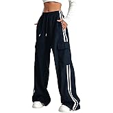 Verdusa Women's Cargo Pants Baggy Straight Wide Leg Track Pants Striped Joggers with Pockets Athletic Streetwear