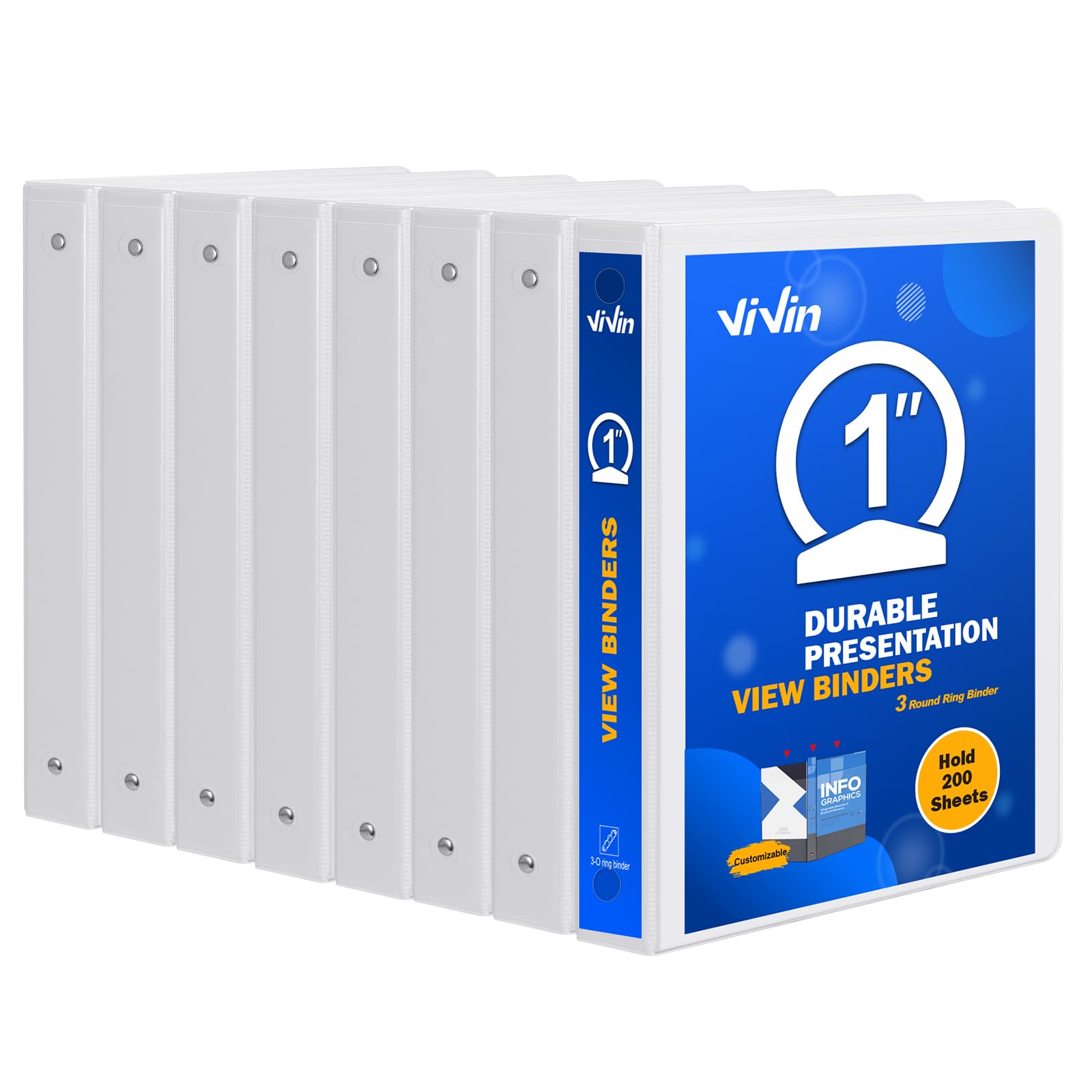 Photo 1 of 3 Ring Binder 1 Inch, ViVin Sturdy 1"-Round Ring Binder with 2 Interior Pockets, Clear View Cover, PVC-Free, Fits 200 Sheets of 8.5'' x 11'' Paper, Office Home School (8 Pack, White)