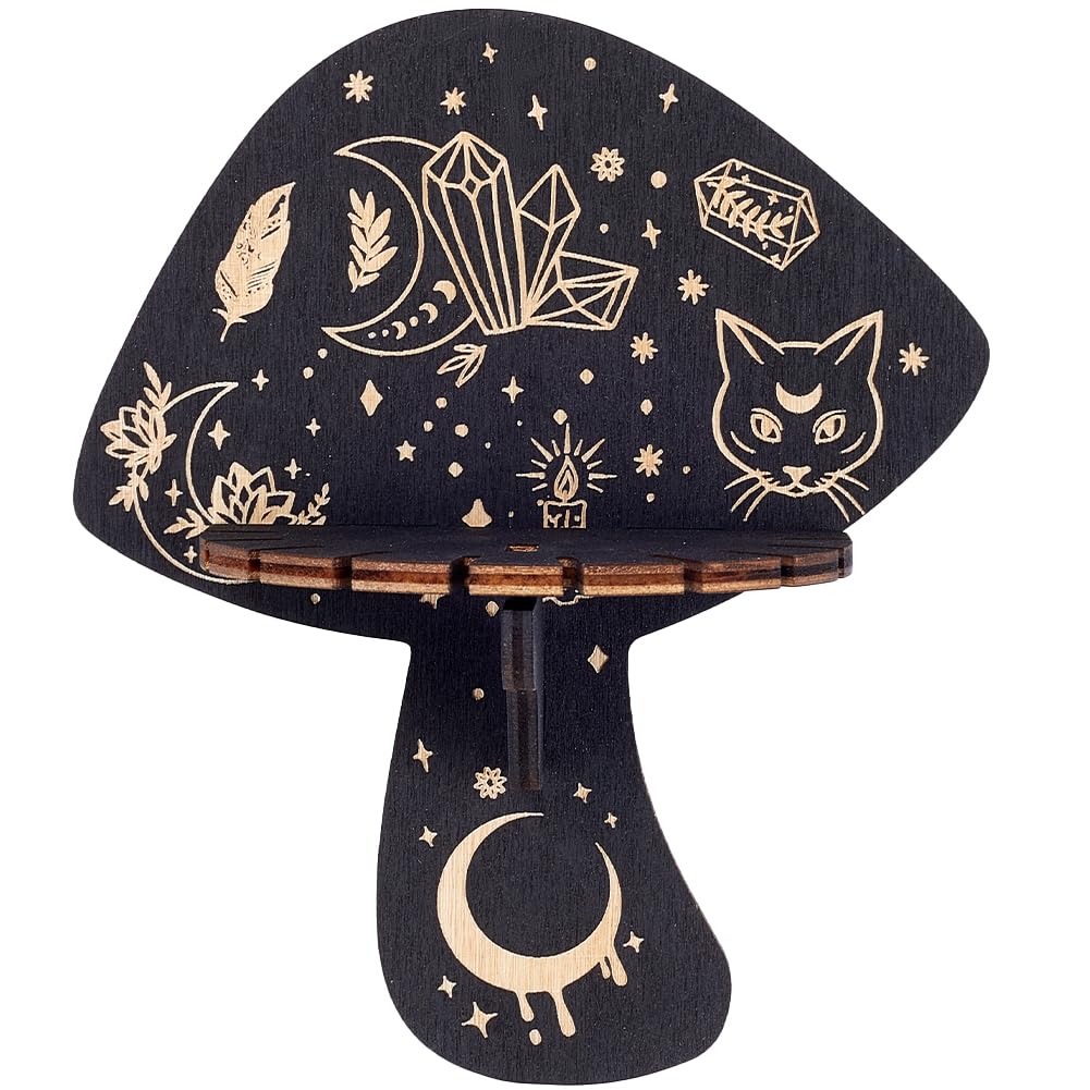 CREATCABIN Mushroom Crystal Shelf Display Wooden Wall Crystal Shelf Cat Floating Shelves Dowsing Pendulum Holder Stand Rustic Witchy Stuff Storage Display for Hanging Rock Spiritual Gift 6.96x5.91Inch