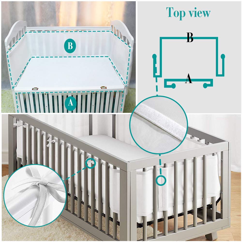 Genuss Crib Bedding Bumper Set of 2 Baby Crib Bumper Mesh Adjustble Breathable Mesh Crib Liner Cotton Mesh Bumpers for Baby Crib 11.8'' x 134''&11.8'' x 63'' (White) : Baby