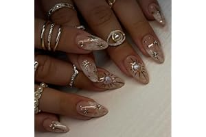 XZMeiLun 3D Boho Stars Gold Press On Nails Almond Medium 30Pcs, Heart Charms Design Reusable Acrylic Nails Press Ons, Fake Nails With Cute Celestial Glue On Nail, Daily Wear False Nail For Women