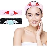FlyingMage Spa Headband for Washing Face, 2 Pack Cute Halloween Hair Band for Shower Yoga Beauty, Fluffy Makeup Headband, Kawaii Facial Headbands for Woman Girls, Pink+Black Bat