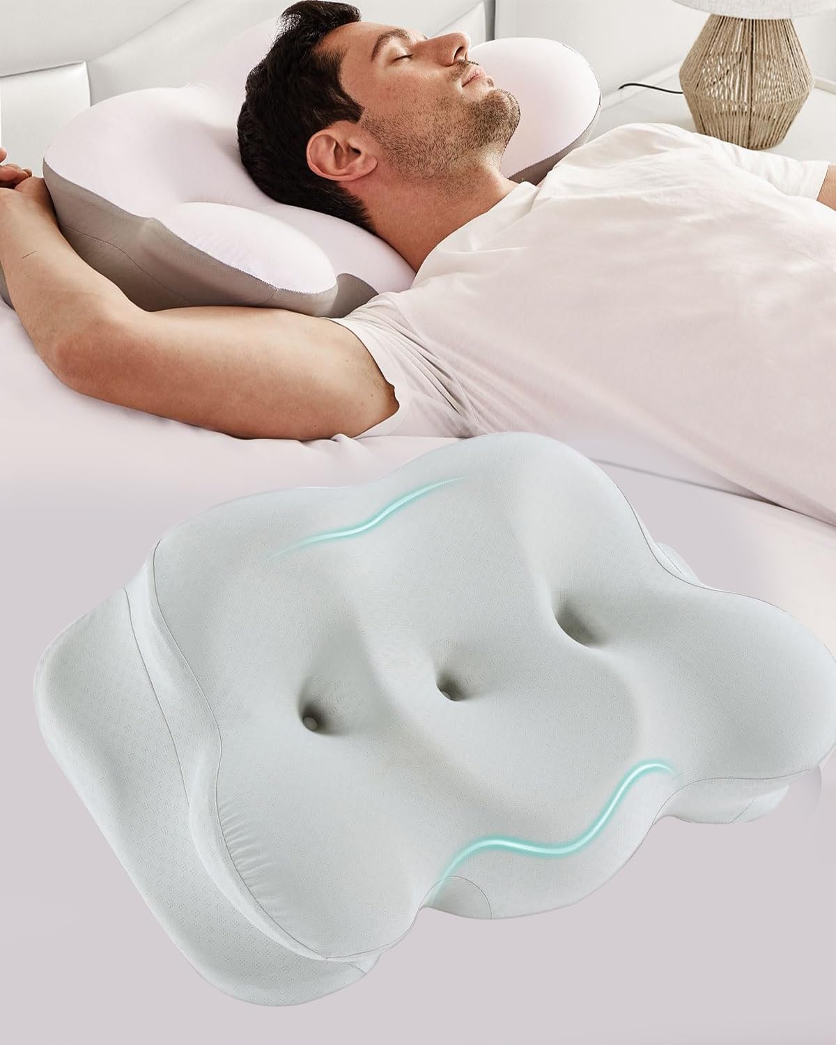 Photo 1 of Cervical Neck Pillow, Memory Foam Pillows for Neck Pain Relief, Ergonomic Contour Cooling Pillow for Side Sleeper Pillow Adults & Stomach Sleepers Neck Shoulder Pillow (Light-Green, 24" L x 14" W)