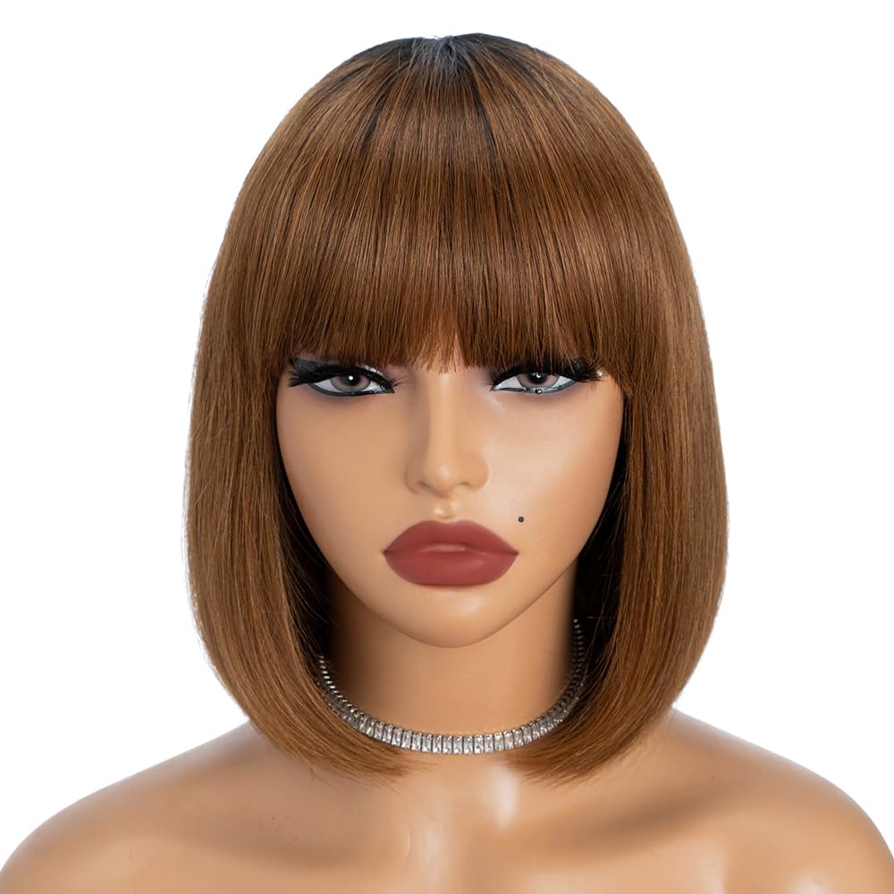 Rebecca Fashion Ombre Brown Short Bob Wig with Bangs Human Hair Wigs for Black Women 10 Inch Light Yaki Straight Short Bob Human Hair Wear and Go Glueless Wig for Daily Wear