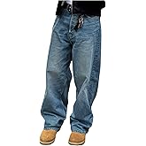 Verdusa Men's Vintage Washed Baggy Jeans Straight Leg Loose Denim Pants with Pockets
