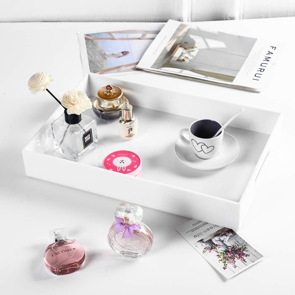 Sooyee White Acrylic Tray - 16" x 12" Acrylic Tray for Coffee Table, Breakfast, Tea, Food, Butler - Decorative Display, Countertop, Kitchen, Vanity Serve Tray with Handles: Kitchen & Dining