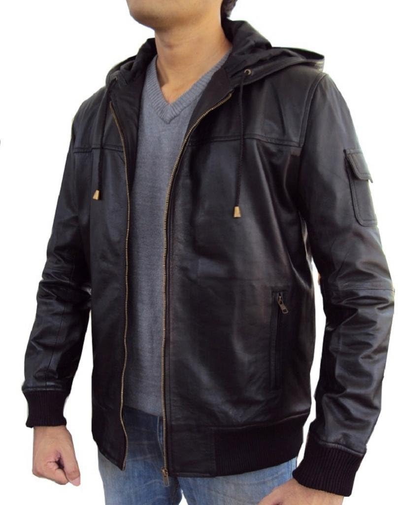 The Leather Factory Men's Lambskin Leather Fixed Hoodie Jacket with Knitted Ribs