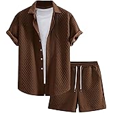GORGLITTER Men's 2 Piece Outfits Waffle Knit Button Down Shirt Top and Shorts Set