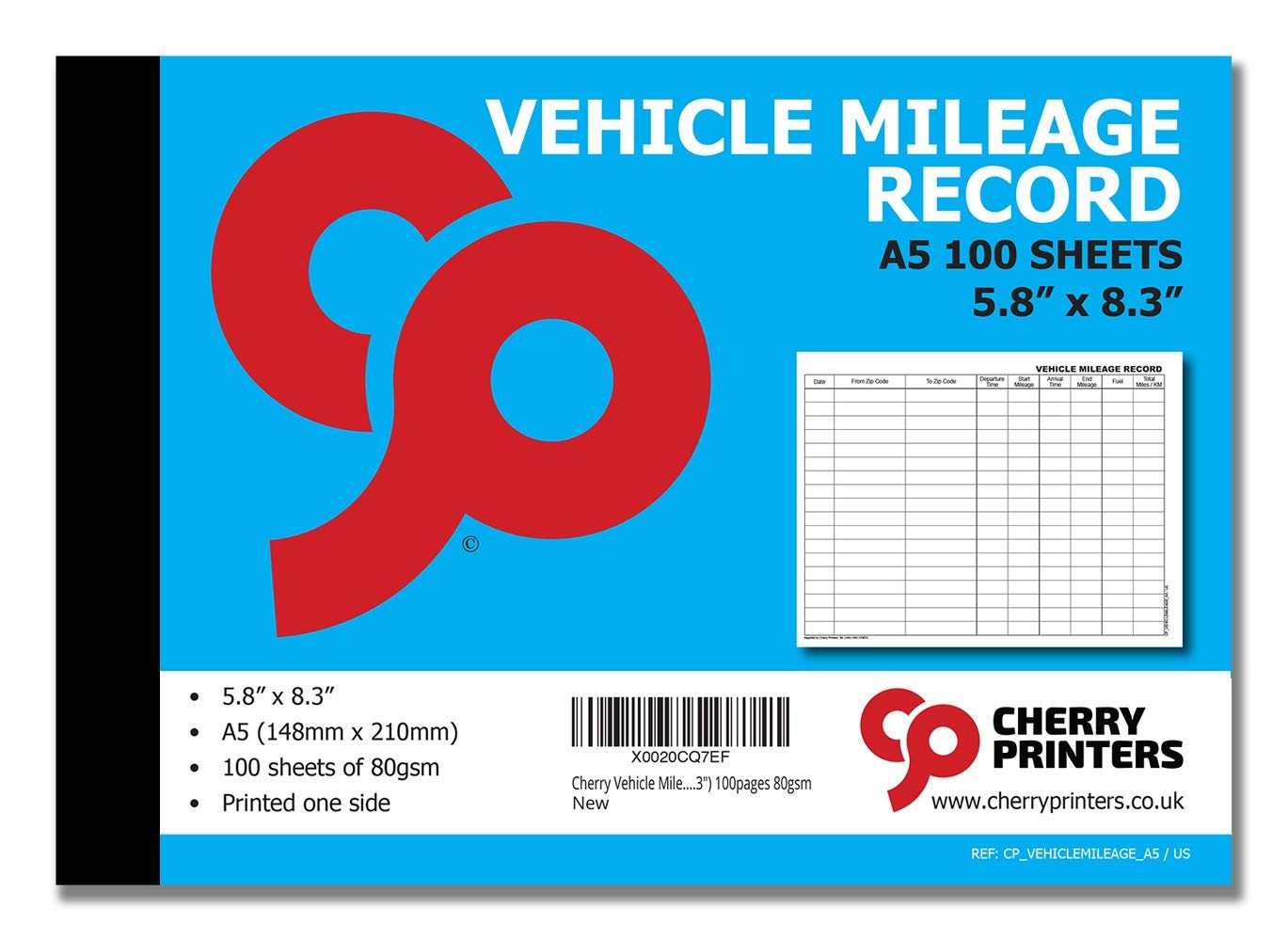 Cherry Vehicle Mileage Record Log Book A5 100pages 80gsm