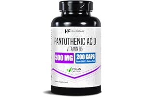 Healthfare Pantothenic Acid 500mg Vitamin B5 Supplement | 200 Vegan Capsules | Extra Strength Energy & Metabolism Support | Non-GMO, Gluten-Free | Made in USA