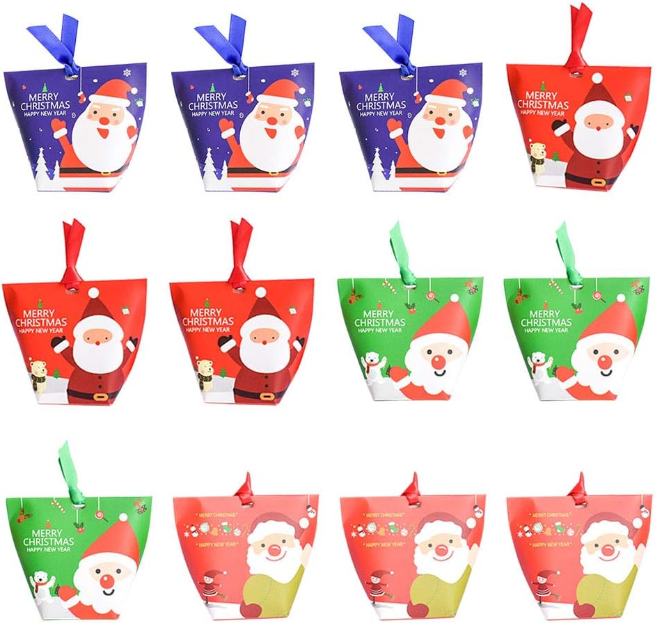 12pcs Bags with Ribbon Santa Claus Snowman Patterns Paper Bag Candy Chocolate Treat Bags Xmas Holiday Party Favor