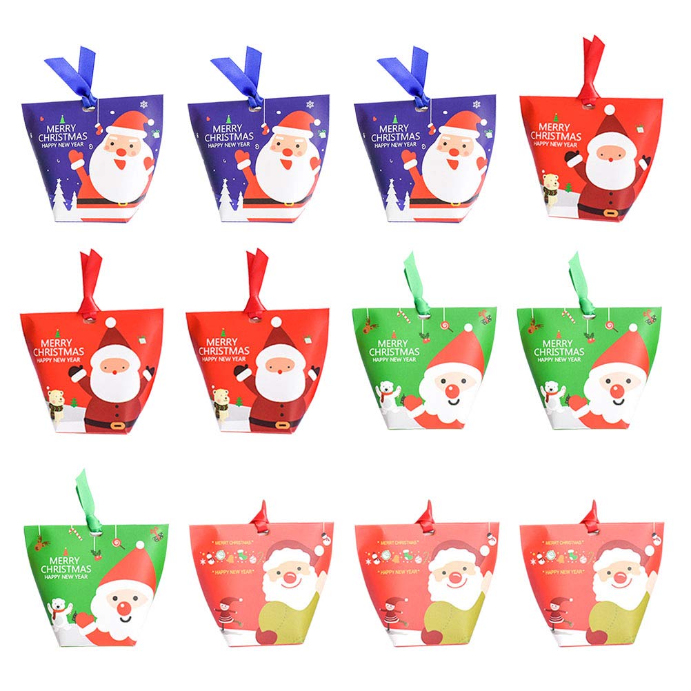 12pcs Bags with Ribbon Santa Claus Snowman Patterns Paper Bag Candy Chocolate Treat Bags Xmas Holiday Party Favor