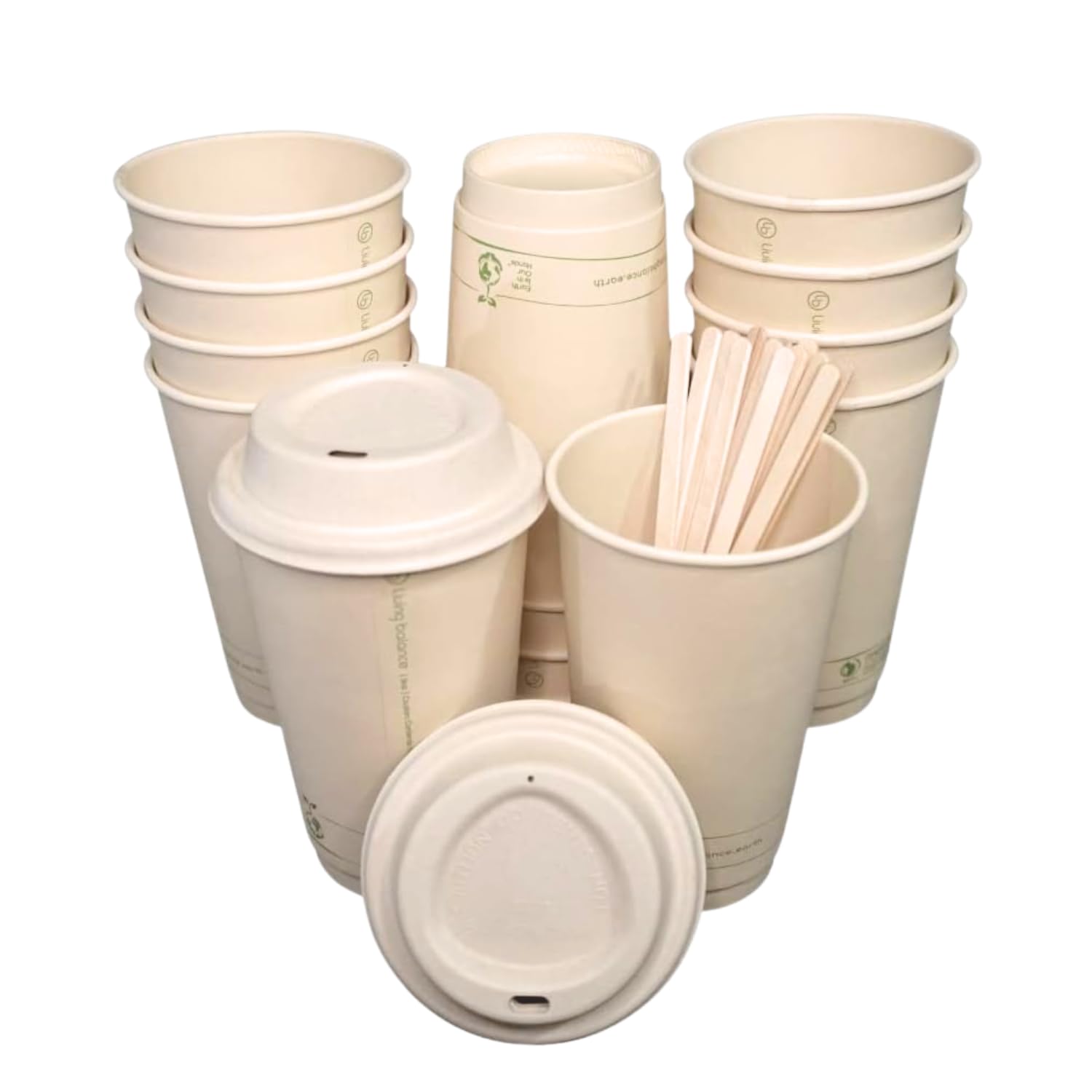 Photo 1 of Living Balance Certified Compostable Coffee Cups with Bagasse Lids 16 oz – 75 Pack Cups with Stirrers & Integrated Sleeves | Leak Proof, BPA-Free & CPLA Certified Plant-based | To-go Cup for Drinks