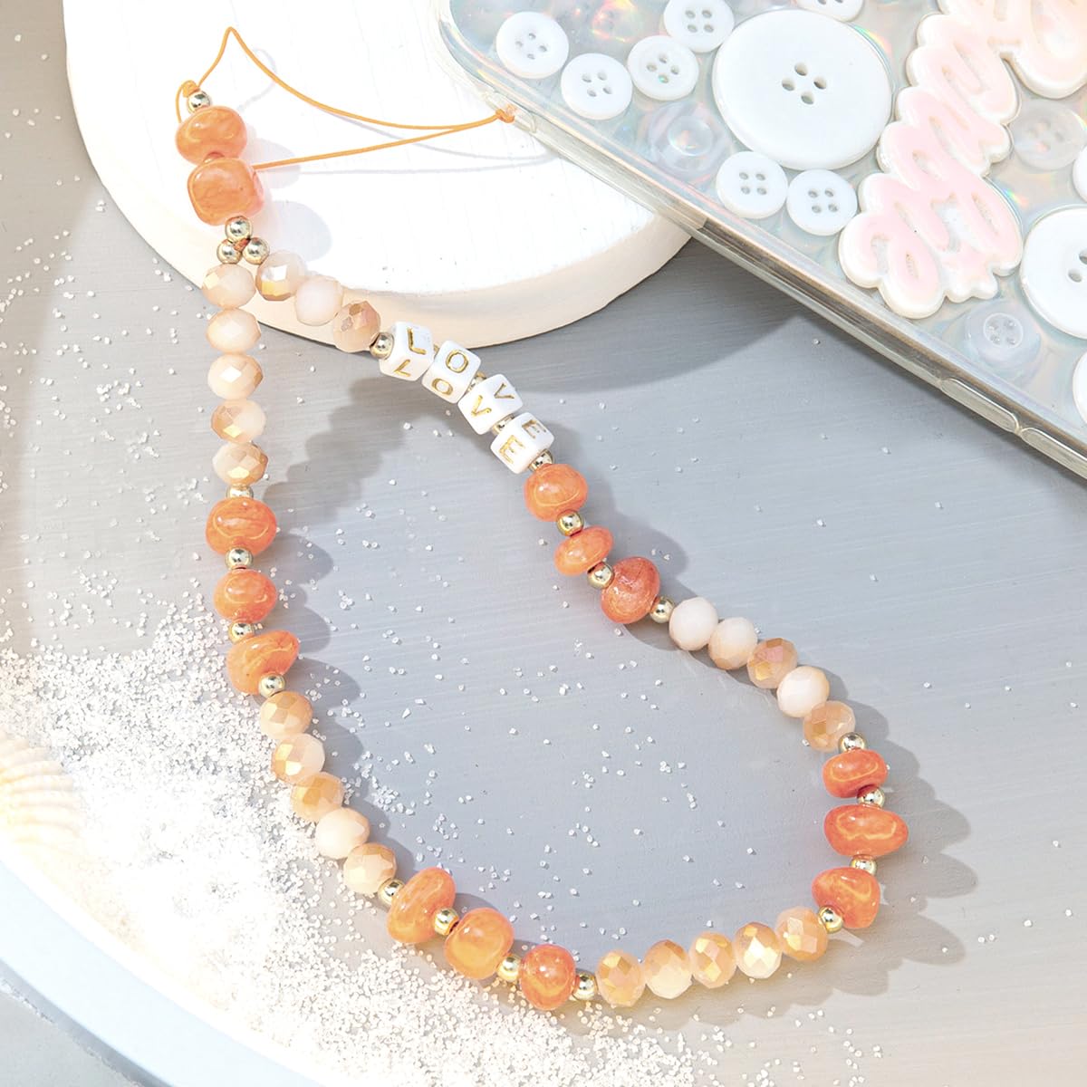 Universal Mobile Phone Chain Beads Mobile Phone Pendant Mobile Phone Key Chain Lanyard Phone Pendant Rope Colourful Love Crystal Stone Beads Phone Chain Strap for Women, Car Key Chain, 30 cm Orange