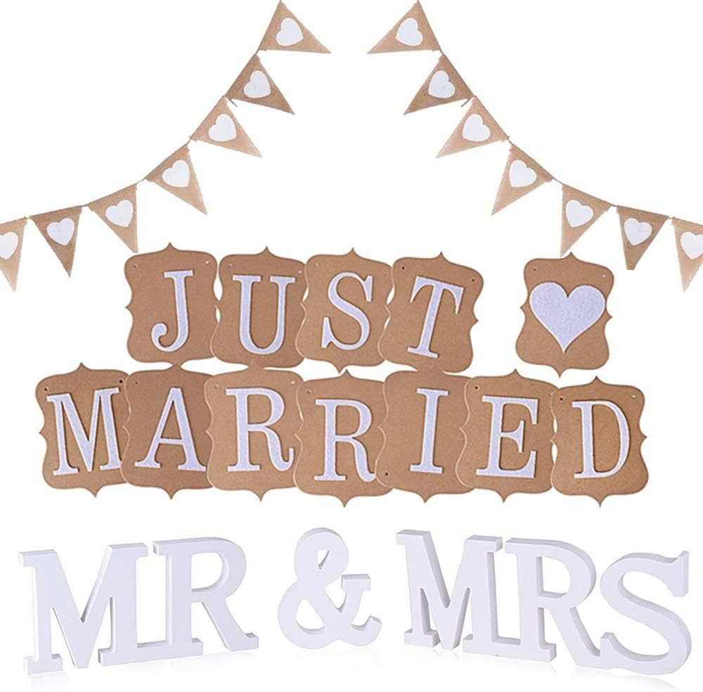 KINDPMA 3 Set Just Married Girlande Hochzeit Wimpelkette Jute Mr Mrs Buchstaben Holz Hochzeitsdeko Vintage Wimpel Hochzeitsgirlande für Deko Hochzeit Auto Tischdeko Brautpaar Zimmerdeko