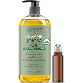Majestic Pure Organic Jojoba Oil, 100% Pure &amp; Natural - 8 Fl Oz with RollOn | Cold Pressed &amp; Hexane Free Hair Growth Oil for Eyelashes, Eyebrows, Ayurvedic Skin Care, Body, Face, Nails &amp; Scalp