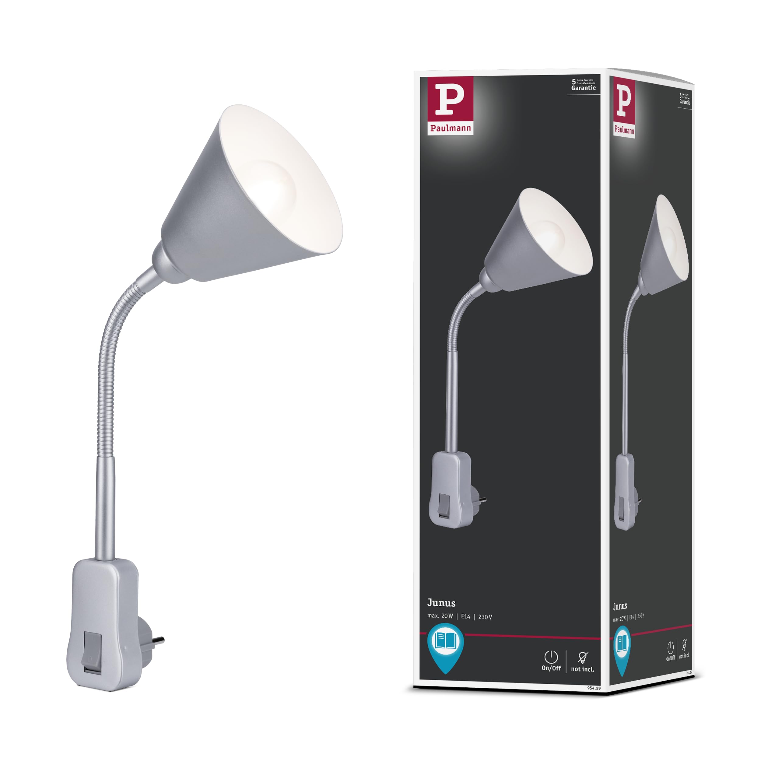 Paulmann 95428 Junus Plug-in luminaire with Flexarm max 20 watts lamp White Metal, Plastic Light E14
