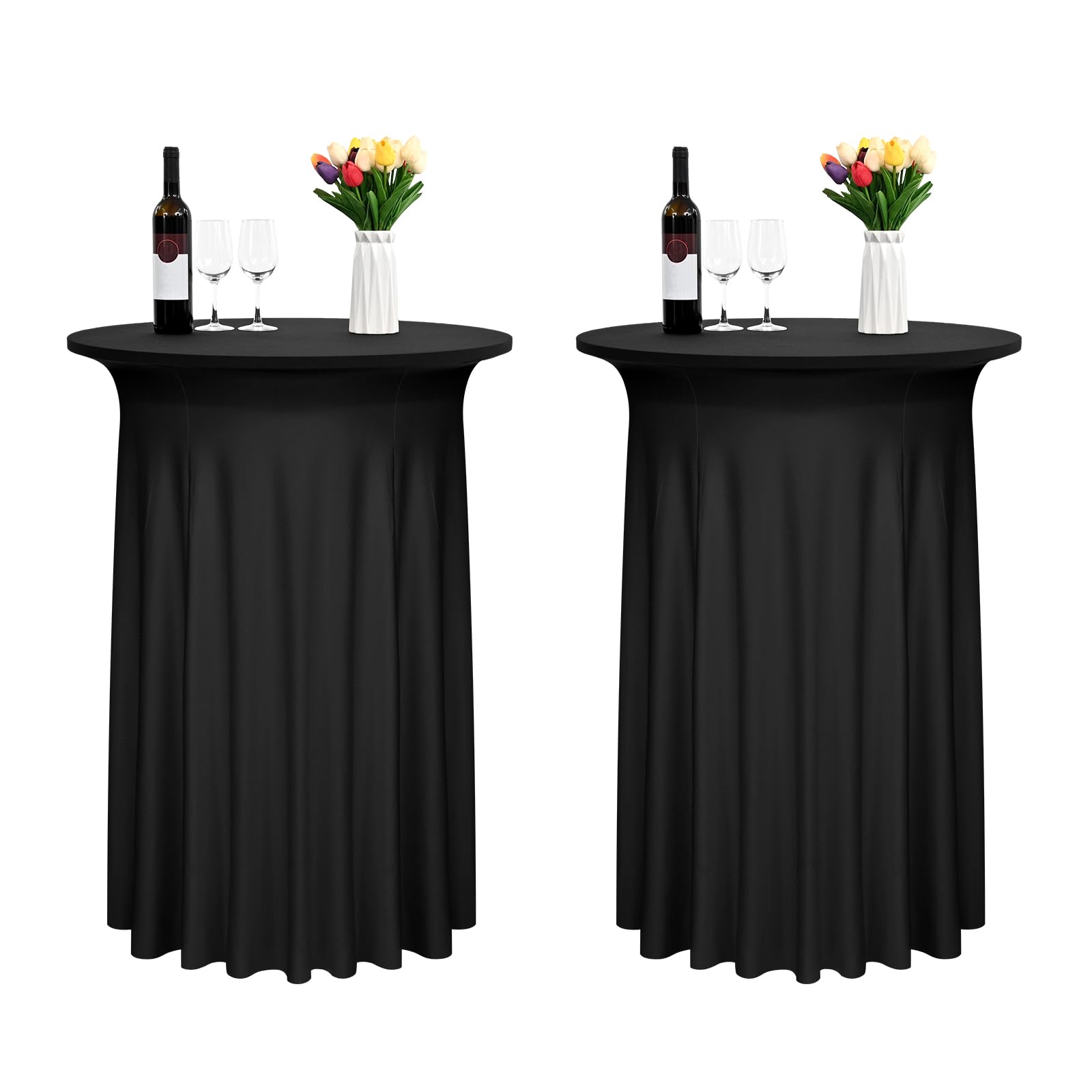 FXKS 2 Pack Black Spandex Cocktail Tablecloths with Skirt,Stretch Fitted Cocktail Table Cover for High Top Table, Cocktail Table Skirt with Wavy Drapes for Wedding Trade Show Banquet Events(32"x43")