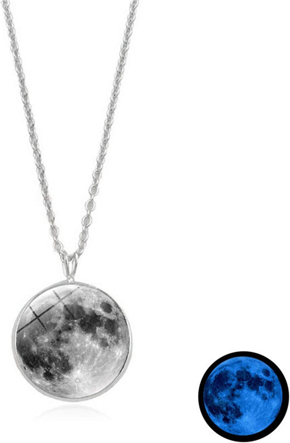 Glow in The Dark Moon Necklace 14Mm Galaxy Planet Glass Cabochon Pendant Necklace Silver Chain Luminous J