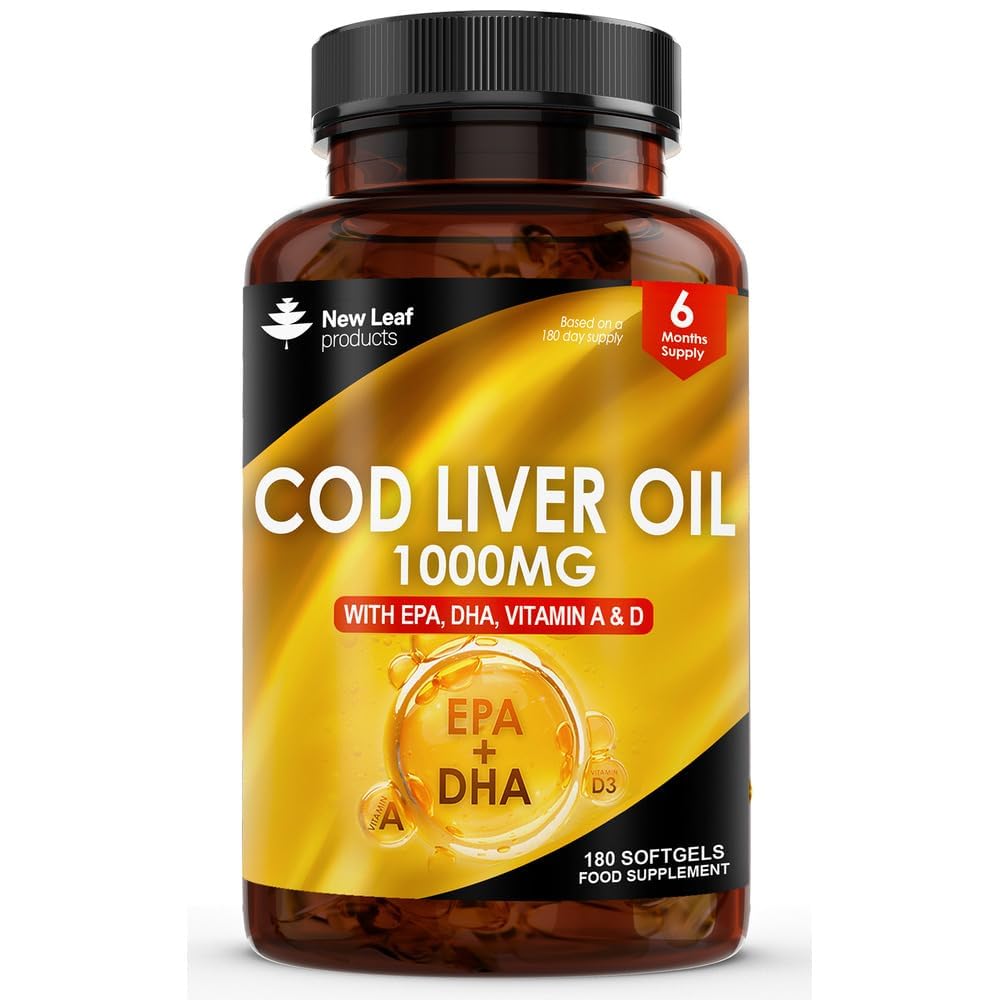 Cod Liver Oil Softgels 1000mg - 180 Cod Liver Soft gels High Strength Softgels- Cod Liver Oil Rich in Omega 3 EPA DHA Fatty Acids + Vitamins A & D, High Strength Fish Oil - UK Made, by New Leaf