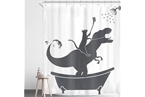 Homewelle Funny Dinosaur Cat Shower Curtain Cute Cartoon Dino Animal Black White Trex Raptor Silhouette Shadows Wildlife Hilarious Kids 60Wx72H Inch Cool Waterproof Polyester Fabric Bathroom Bathtub