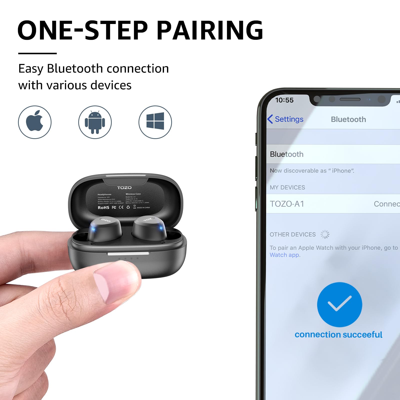 TOZO A1 Wireless Earbuds Bluetooth 5.3 Light Weight in Ear IPX5 Waterproof Headphones 2 Mic for AI Calls, Immersive Premium Sound Bass Headset with Charging Case, 32 Presets EQ Customization via App - Image 5