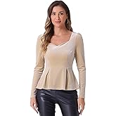 Allegra K Velvet Blouse for Women's Elegant Sweetheart Neck Long Sleeve Peplum Top