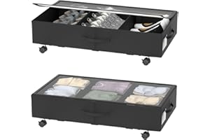 Aokeyee Under Bed Storage with Wheels - Rolling Underbed Storage Containers with Clear Lids for Shoe, Clothes, Blankets, Sheets, Pillows, Dorm Room (Black)