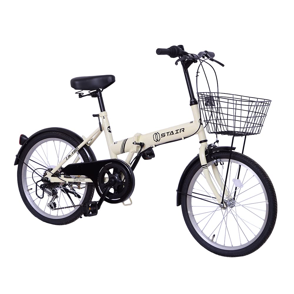 折りたたみ自転車 折り畳み自転車 20インチ シマノ６段変速 カゴ付 ワイヤ錠・ライトのプレゼント付き 前後泥除け装備 ハンドルの高さ調節できる 小径車 ミニベロ アイボリー商品画像