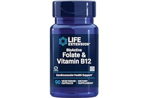 Life Extension BioActive Folate & Vitamin B12, Promotes Heart, Brain & GI Tract Health, Non-GMO, Gluten-Free, Vegetarian, 90 Capsules