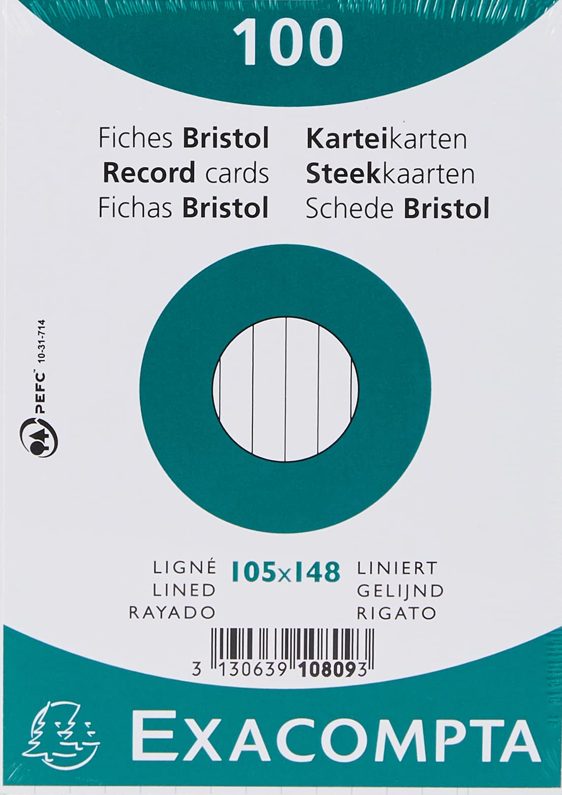 Exacompta - Ref 10809SE - Bristol Lined Record Cards (Pack of 100) - A6 in Size, 205gsm Card, Compatible with Printers - Suitable for Exam Revision & Notes - White