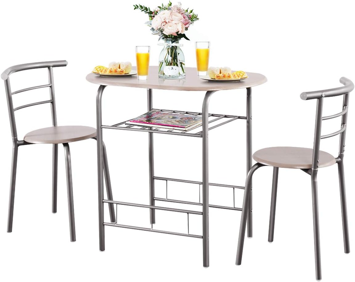 Giantex 3 Piece Dining Set Compact 2 Chairs and Table Set with Metal Frame and Shelf Storage Bistro Pub Breakfast Space Saving for Apartment and Kitchen (Beech) - Table & Chair Sets