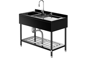 47.5"x24"x38.9" Stainless Steel Utility Sink, Freestanding Large Double Bowl Laundry Tub with Hot/Cold Faucet, Hoses & Drain 