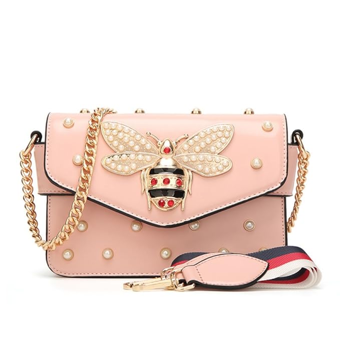 SHRJJ 2018 Sommer Mini Schnalle Handtaschen Leder Gesteppt Kette Tasche Bienen Und Perlen Mode Schulter Umhängetasche Baby Wickeltasche Mama Tasche