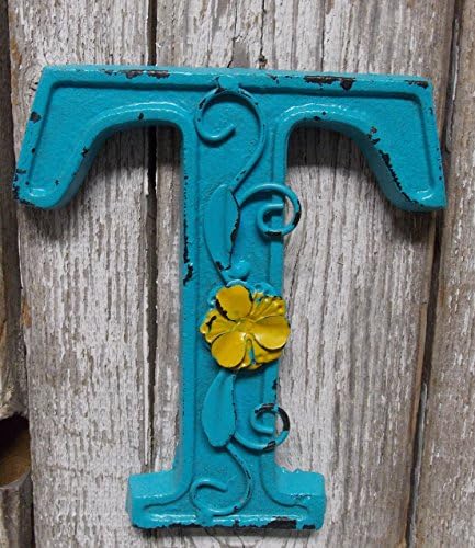 Fun 6" x 5.5" x .5" Cast Iron 3-D BLUE Wall LETTER " T " Wall Art Decor Alphabet Letter