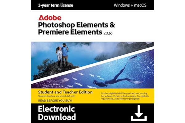 Adobe Photoshop Elements & Premiere Elements 2026 Student & Teacher Edition | Software Download | Photo & Video Editing | 3-year term license | Activation Required [PC/Mac Online Code]