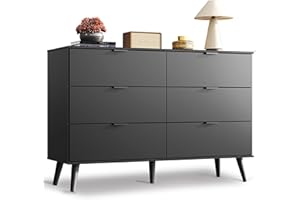 WLIVE Black Dresser for Bedroom, 47.24'' Wide 6 Drawer Wooden Dresser Storage Organizer with Sturdy Metal Handle, TV Stand for 55 inch TV, Chest of Drawers for Living Room, Hallway, Closet